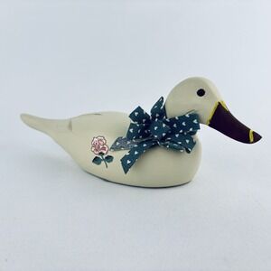 Wooden Duck Figurine with Heart Bow - Hand painted Cottagecore Flower Rose